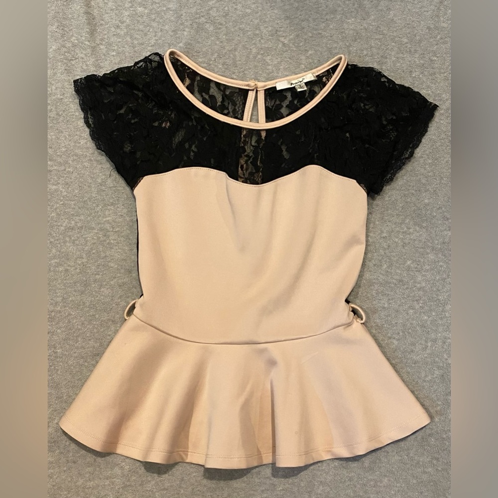 Cream and black lace peplum top